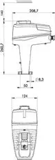 Technisches Diagramm eines Stellantriebs von IMI Hydronic Engineering. Seitliche und obere Ansichten zeigen Maße und Anschlussdetails.